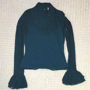 Free People Green Lace Long Sleeve Top